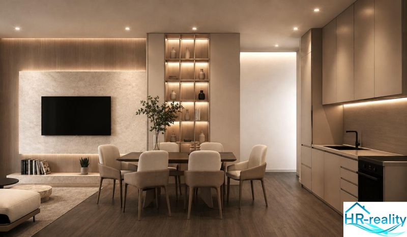 Albánsko, Drač - zrekonštruovaný byt  s výhľadom na more - Štýlový interiér rekreačného apartmánu s podlahou s dreveným dekorom a vkusným osvetlením.