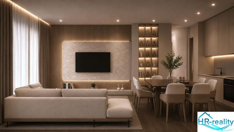 Albánsko, Drač - zrekonštruovaný byt  s výhľadom na more - Interiér rekreačného apartmánu so sedačkou, televíziou a podlahou s dreveným dekorom.