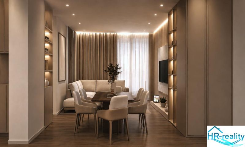 Albánsko, Drač - zrekonštruovaný byt  s výhľadom na more - Interiér Rekreačného apartmánu s pohodlným sedením, jedálenským stolom a podlahou s dreveným dekorom.