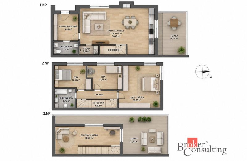 Rodinné bývanie s výhodami domu a komfortom bytu | 5 izieb | Záhorská  - Pôdorys rodinného domu s terasou a podlahou s dreveným dekorom na troch podlažiach.