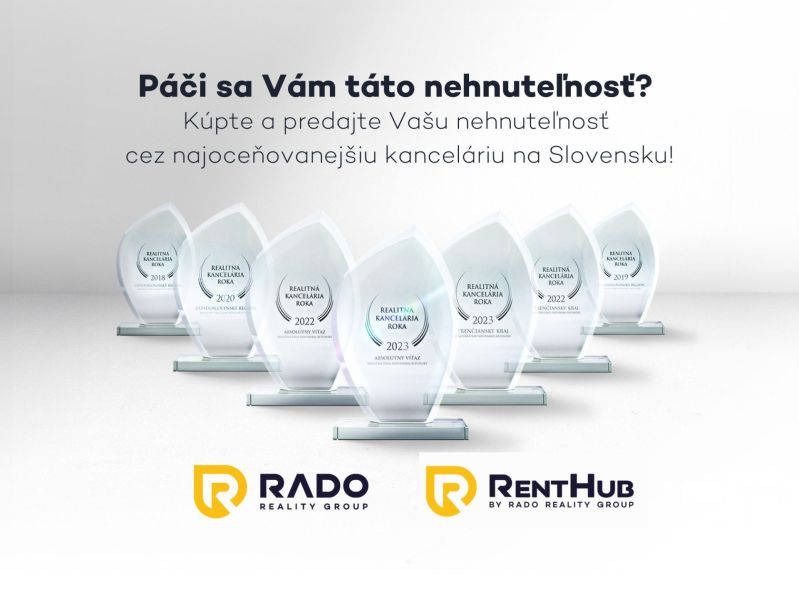 | Exkluzívny 2-izbový byt v Perle Ružinova | 49 ㎡ | Ružinove - Ocenenia realitnej kancelárie RADO Reality Group s logom RentHub, text inzeruje služby.