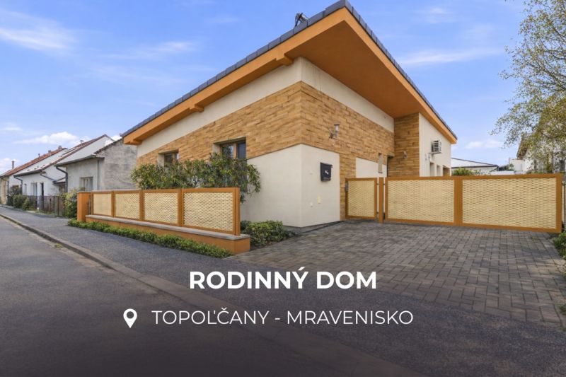 MODERNÁ NOVOSTAVBA | TOPOĽČANY | MRAVENISKO - Rodinný dom na ulici Mravenisko v Topoľčanoch s kamenným obkladom fasády a záhradou.