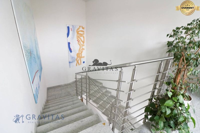 Samostatná kancelária 19,16 m2 - Lamačská cesta - Schodisko s nerezovým zábradlím v kanceláriách, ozdobené obrazmi a rastlinami na Lamačskej ceste.