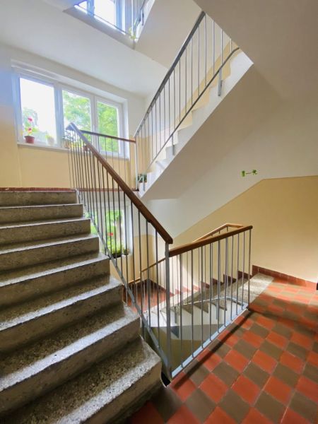 ☎️ 0918197701 Na prenájom  zariadený 1 izbový byt  na sídlisku západ n - Schodisko v bytovom dome s kvetmi na parapete a zábradlím.