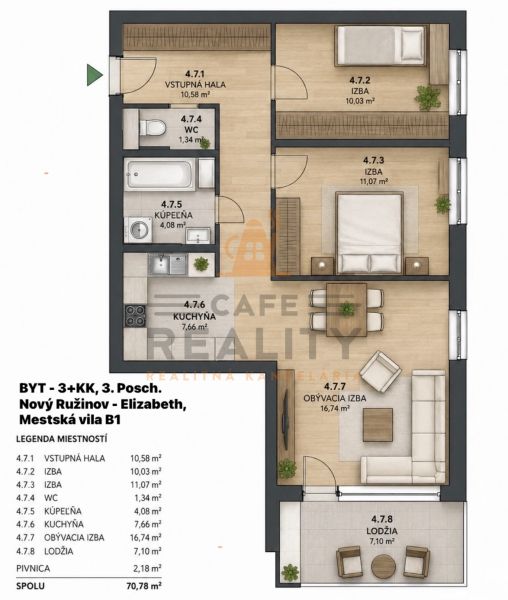 Na predaj novostavba 3 izbový byt, Bratislava, Nový Ružinov, Bajkalská - Pôdorys 3-izbového bytu s kuchyňou, obývačkou, kúpeľňou a lodžiou.