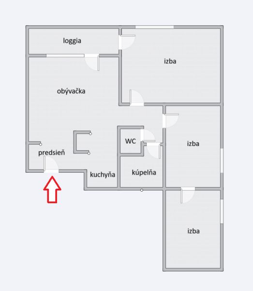 4-izbový byt, Bratislava/Nové Mesto, ulica Nová Rožňavská - Pôdorys 4-izbového bytu s predsieňou, loggiou, kúpeľňou a kuchyňou.
