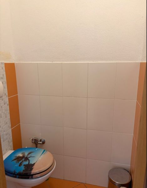 4-izbový byt, Bratislava/Nové Mesto, ulica Nová Rožňavská - Toaleta so vzorovaným sedátkom a oranžovými dlaždicami v 4-izbovom byte.