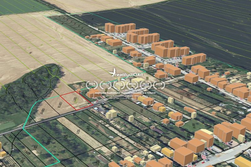 Stavebný pozemok 1212m² v obci Šelpice - 3D zobrazenie pozemkov pre bývanie na Slnečnej ulici v obci Šelpice.