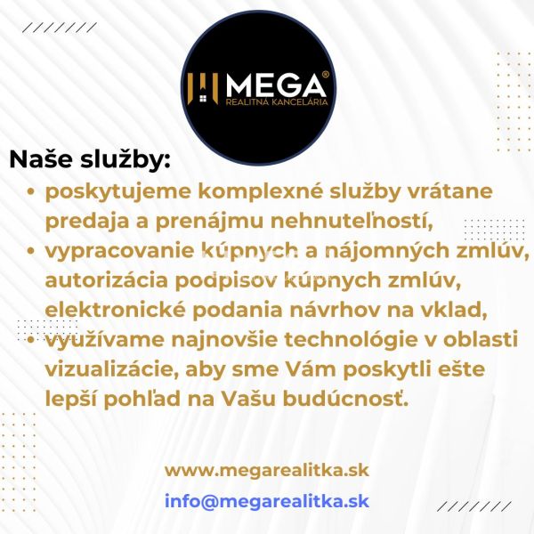 Predaj stavebného pozemku pri Zemplínskej šírave – Klokočov - Reklama na služby realitnej kancelárie Mega zahŕňajúce predaj, prenájom a vizualizáciu.