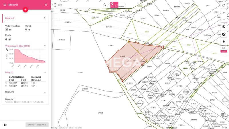 EXKLUZÍVNE NA PREDAJ 1303,5 m2 POZEMOK NA ZEMPLÍNSKEJ ŠÍRAVE - Mapa pozemkov na bývanie vo Vinnom s informatívnym meraním a parcelnými hranicami.
