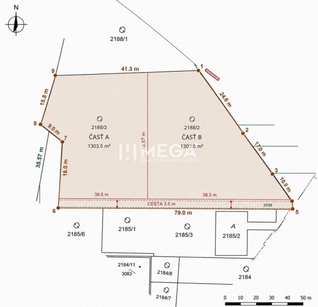 EXKLUZÍVNE NA PREDAJ 1303,5 m2 POZEMOK NA ZEMPLÍNSKEJ ŠÍRAVE - Mapa pozemkov na bývanie v obci Vinné, znázorňujúca rozmery a hranice parciel.