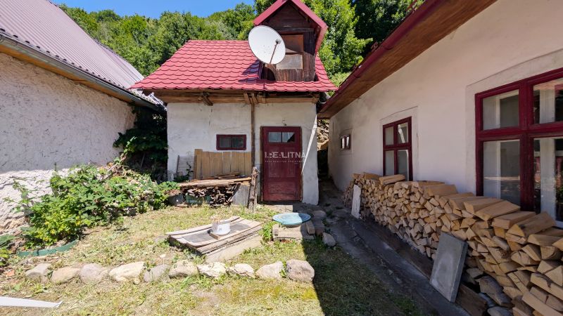 TRADIČNÝ DOM V SRDCI TAJOVA, 893 M2, TAJOV - Dvor rodinného domu v Tajove na ulici 55 s uskladneným drevom a satelitom.