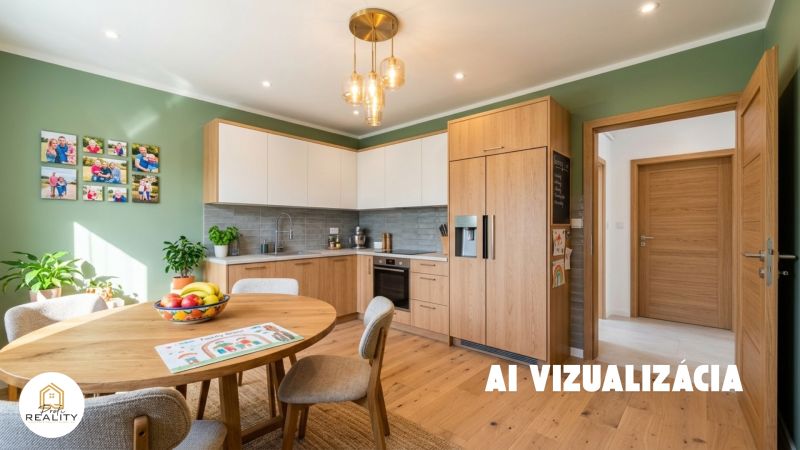 PREDAJ | 2-izb. byt 59 m² + loggia | Š. Michaľany - Kuchyňa s podlahou s dreveným dekorom v 2-izbovom byte, dekoratívne rastliny na stole.