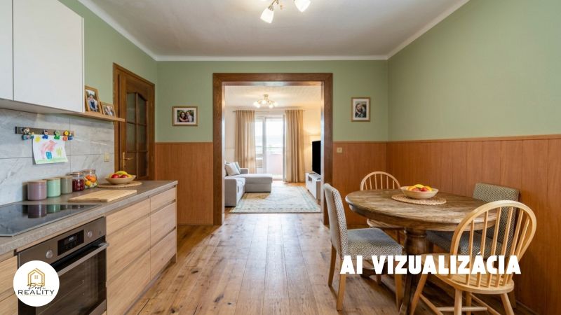 PREDAJ | 2-izb. byt 59 m² + loggia | Š. Michaľany - Kuchyňa s jedálenským stolom a podlahou s dreveným dekorom v 2-izbovom byte.