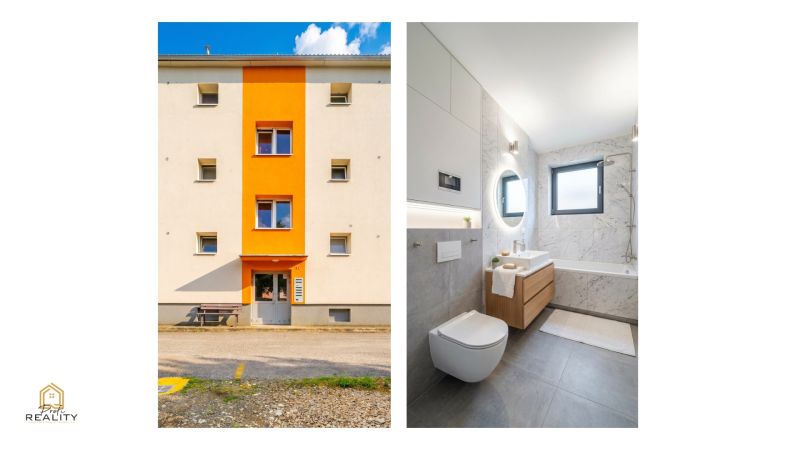 PREDAJ | 2-izb. byt 59 m² + loggia | Š. Michaľany - Exteriér budovy na ulici Pod lesíkom v Šarišských Michaľanoch a kúpeľňa v 2-izbovom byte.
