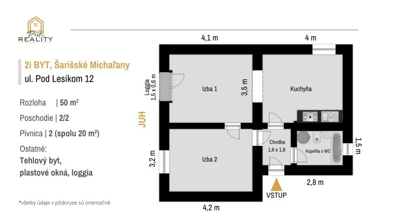 PREDAJ | 2-izb. byt 59 m² + loggia | Š. Michaľany - Pôdorys dvojizbového bytu na ulici Pod lesíkom v Šarišských Michaľanoch zobrazujúci dispozíciu miestností.