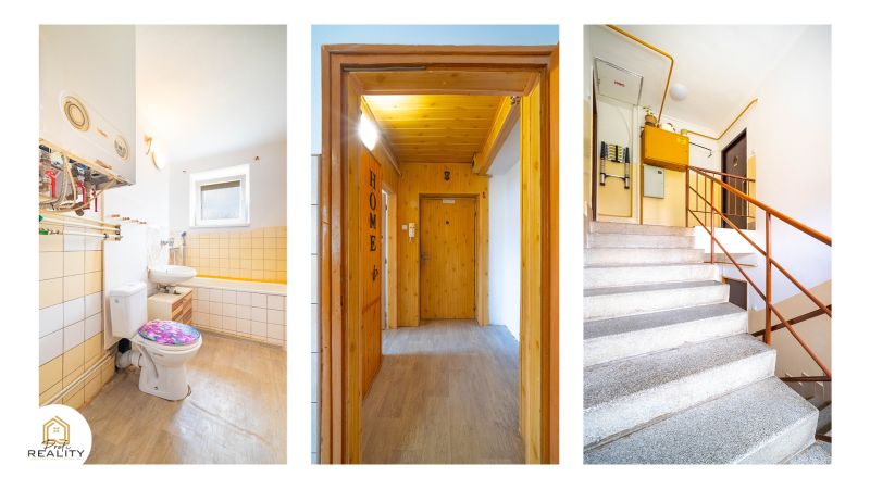 PREDAJ | 2-izb. byt 59 m² + loggia | Š. Michaľany - Kúpeľňa s vaňou a toaletou v 2-izbovom byte, schodisko vedie na Pod lesíkom, Šarišské Michaľany.