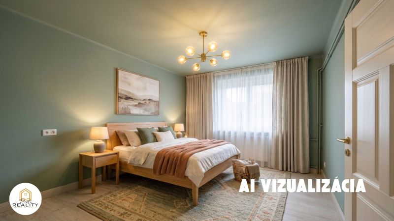 PREDAJ | 2-izb. byt 59 m² + loggia | Š. Michaľany - Spálňa s podlahou s dreveným dekorom, posteľou a obrazom v 2-izbovom byte.