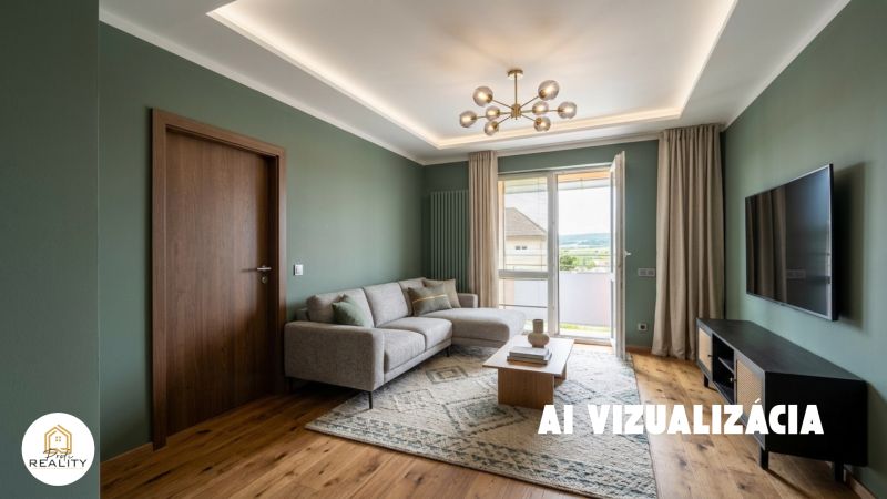 PREDAJ | 2-izb. byt 59 m² + loggia | Š. Michaľany - Obývačka v 2-izbovom byte s podlahou s dreveným dekorom, gaučom a TV.