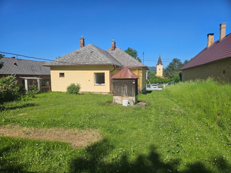 Na predaj rodinný dom s veľkou záhradou v centre V.Šariša - Záhrada pri rodinnom dome vo Veľkom Šariši s kostolom v pozadí.