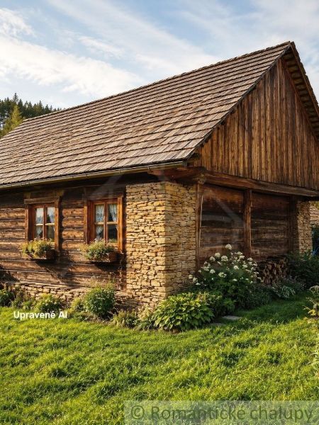 Pozemok s hospodárskymi budovami, Nižné Repaše - Drevená chalupa s kamenným základom a kvetinovými oknami v Nižných Repašoch, Pozemky - bývanie.