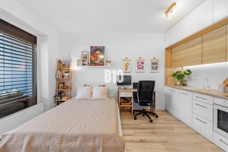 1-IZBOVÝ BYT S VEĽKOU 12 m² TERASOU | SLNEČNICE VILADOMY - Jednoducho zariadený 1-izbový byt s podlahou s dreveným dekorom a praktickým pracovným kútom.