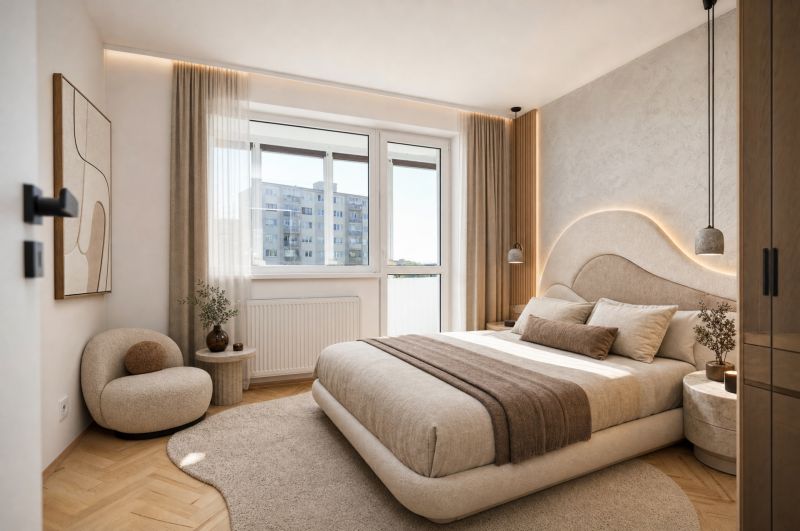 NA PREDAJ-3-IZBOVÝ BYT-NOVÁ REKONŠTRUKCIA-UL.POKROKU-KOŠICE-ZÁPAD - Spálňa v 3-izbovom byte s podlahou s dreveným dekorom, béžovým nábytkom a veľkým oknom.