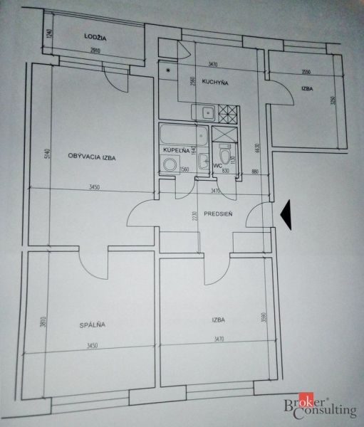 4 izbový byt v centre mesta STUPAVA za výnimočnú cenu - Pôdorys 4-izbového bytu s kuchyňou, kúpeľňou, WC a lodžiou.