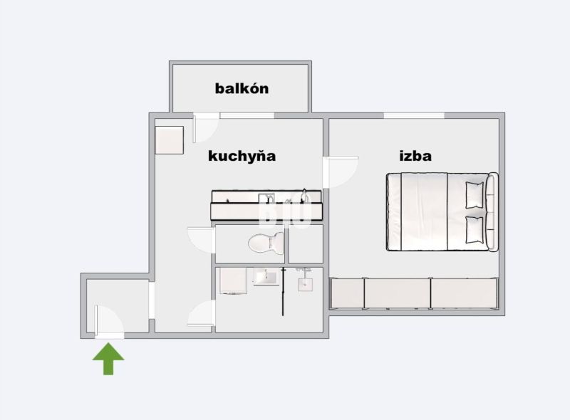 REZERVOVANÉ_1 izb. byt s veľkým balkónom | Klokočina - Nitra - Pôdorys 1-izbového bytu s balkónom a kuchyňou.