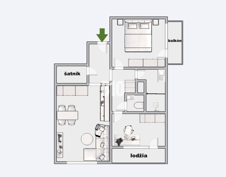 Nový 3 izb. byt s 2x balkónom, Nitra - Chrenová (2026) - Pôdorys 3-izbového bytu s balkónom, lodžiou, kúpeľňou a šatníkom.