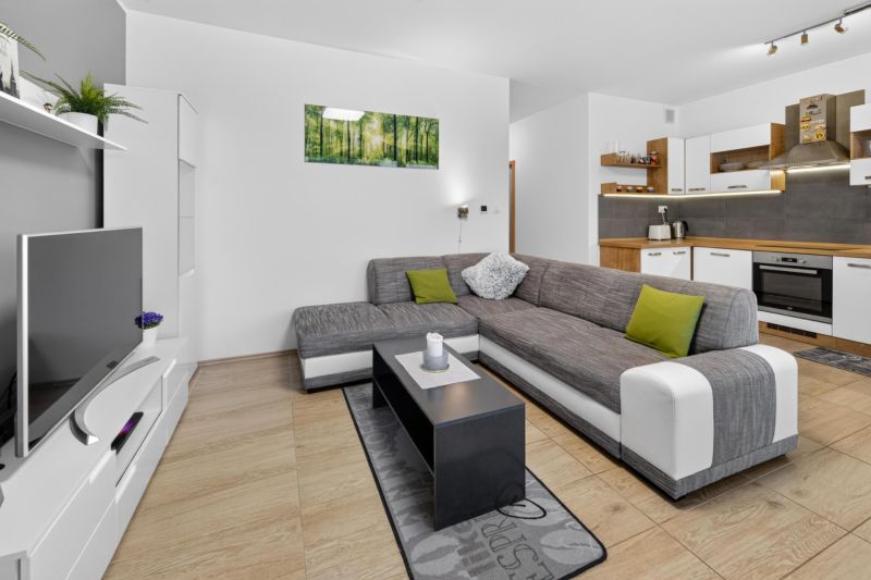 Predaj 2-izbový byt GREEN VILLAGE, loggia, parkovanie, Dunajská Lužná - Obývačka s kuchyňou, sivou sedačkou, televízorom a podlahou s dreveným dekorom v 2-izbovom byte.