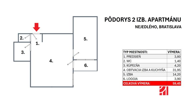 1.BCR | PRIESTRANNÝ 2-IZB. APARTMÁN V MAMAPAPA, PIVNICA, PARKING - Pôdorys 2-izbového bytu na Nejedlého, Bratislava, s celkovou výmerou 59,45 m².