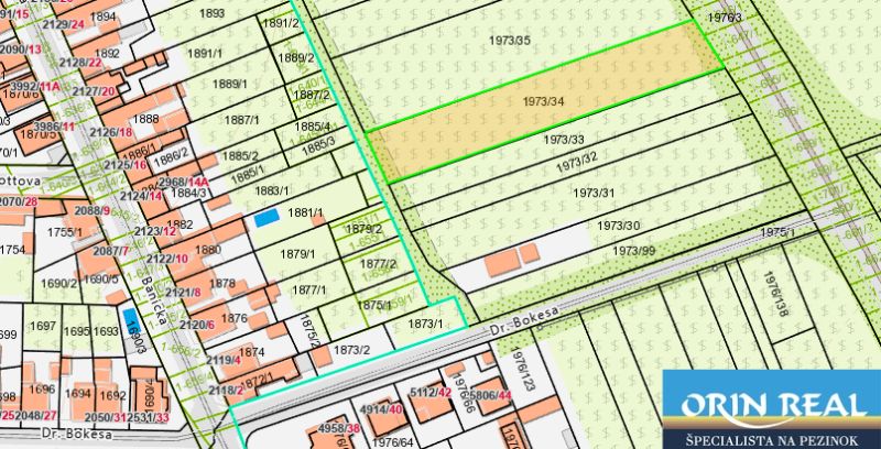 VÝBORNÁ INVESTÍCIA - POZEMOK URČENÝ NA VÝSTAVBU RD - Mapka pozemkov na bývanie pri ulici Dr.Bokesa v Pezinku.