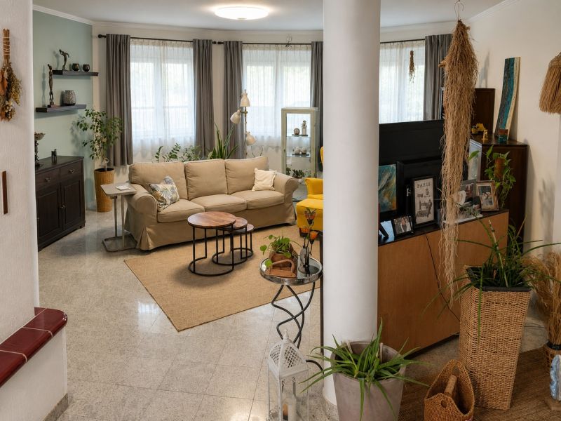 Predaj rodinného domu, Neusiedl am See - Obývačka v rodinnom dome s pohodlnou pohovkou, rastlinami a dekoratívnymi prvkami.