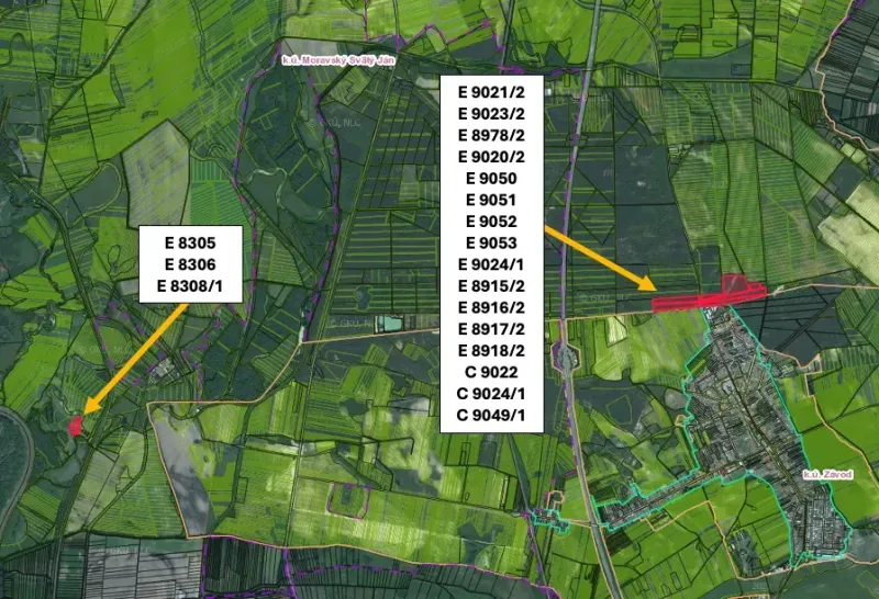 Moravský Svätý Ján – 1.580 m2 LES  - Mapa poľnohospodárskych a lesných pozemkov v okolí Moravského Svätého Jána.