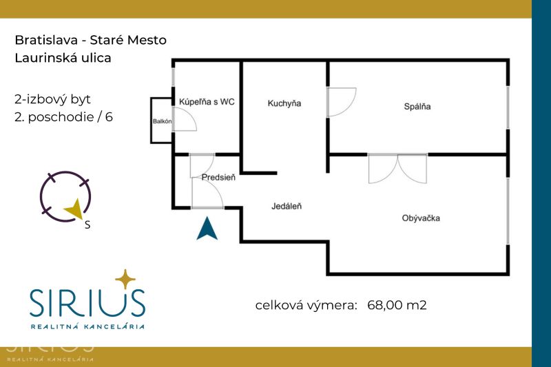 LAURINSKÁ, 2i byt, 68m² – REPREZENTATÍVNE bývanie v historickom CENTRE - Pôdorys 2-izbového bytu na Laurinskej ulici, Bratislava - Staré Mesto, s balkónom.