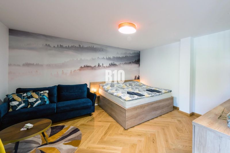 Investičný APARTMÁN v centre Terchovej - Rekreačný apartmán s pohovkou, posteľou a podlahou s dreveným dekorom.