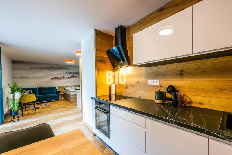 Investičný APARTMÁN v centre Terchovej - Kuchyňa s dreveným dekorom, pohovkou a umeleckou stenou v Rekreačnom apartmáne.