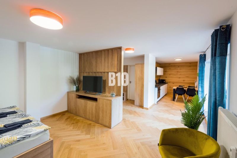 Investičný APARTMÁN v centre Terchovej - Interiér rekreačného apartmánu s podlahou s dreveným dekorom, televíziou a kuchynským kútom.