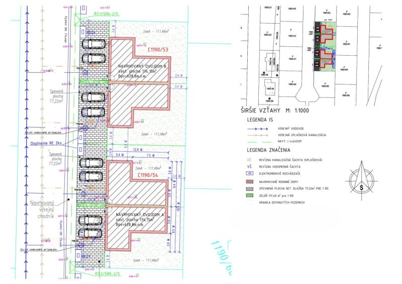 Moderná novostavba rodinného domu v obci Hôrka - Plán navrhovaných dvojdomov s parkoviskami a verejným chodníkom v meste Poprad.