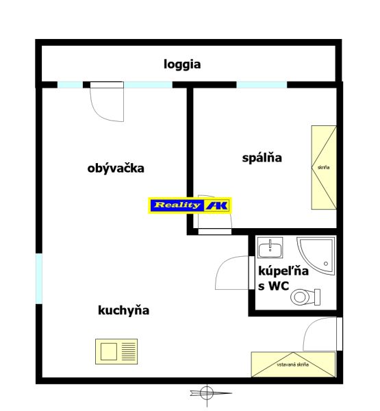 2 izbový byt na prenájom Vrútky, zariadený - Pôdorys 2-izbového bytu s loggiou, obývačkou, kuchyňou a kúpeľňou s WC.