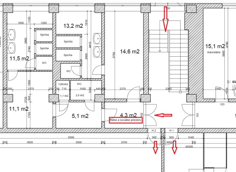 Priemyselná hala 2 500 m²  SKLADOVANIE, VÝROBA, LOGISTIKA - Pôdorys výrobného priestoru so šatňami a kanceláriou.
