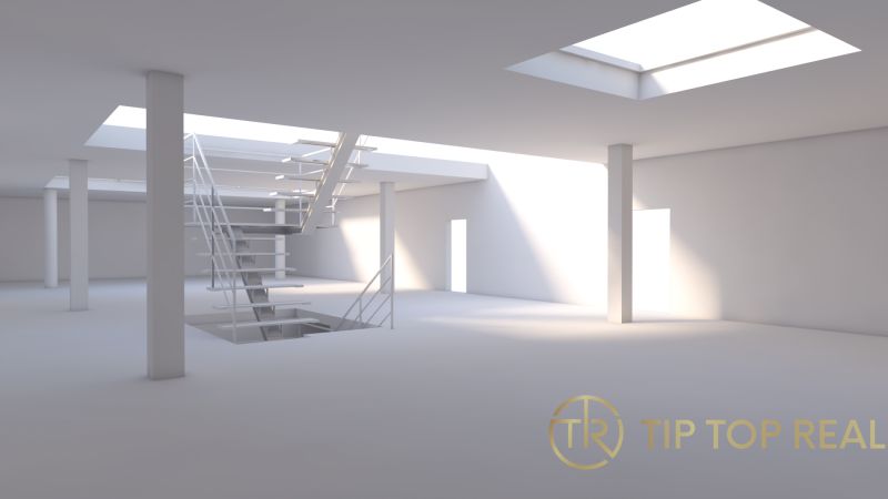 Na predaj PRIESTRANNÉ FITNESS CENTRUM na LUKRATÍVNEJ ADRESE RUŽINOVA - Biele schodisko a stĺpy v priestranných obchodných priestoroch so svetlými stenami.