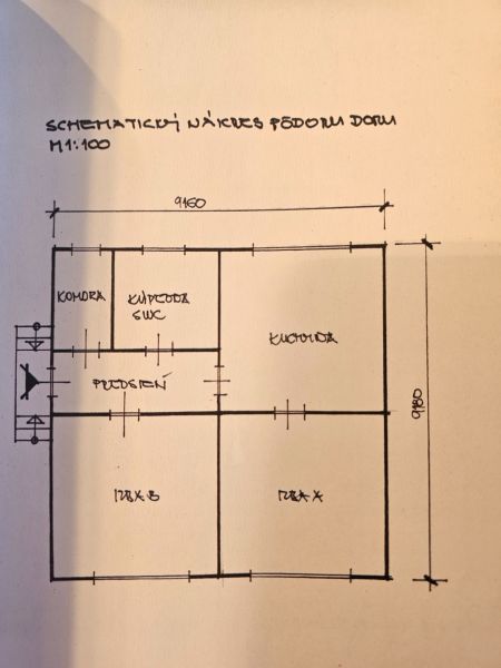 RD v Dolných Krškanoch s veľkou záhradou - 919m2 - Schematic layout rodinného domu s izbou, kuchyňou, kúpeľňou a komorou.