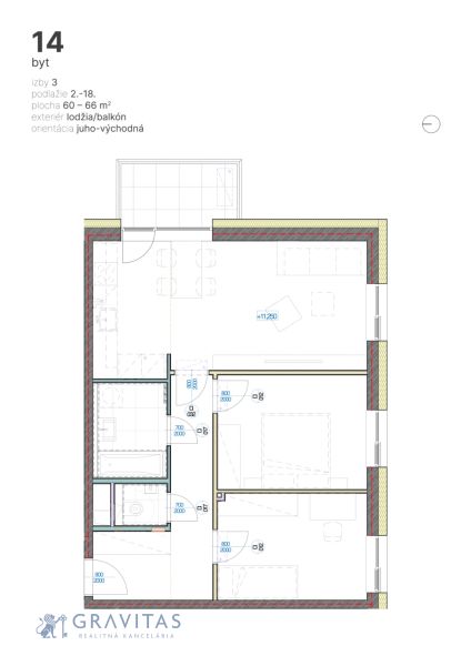 3-izbový byt  s balkónom, Brenner – Residence, Ružinov. - Pôdorys 3-izbového bytu, obsahuje lodžiu, dve spálne, kúpeľňu a obývačku s kuchyňou.