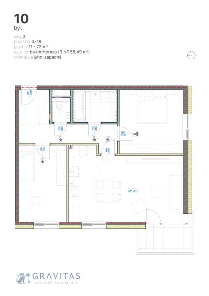 3-izbový byt s balkónom, Brenner – Residence, Ružinov - Pôdorys 3-izbového bytu s balkónom a juhozápadnou orientáciou.