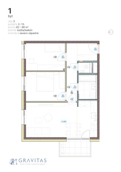 3-izbový byt s balkónom, Brenner – Residence, Ružinov. - Pôdorys 3-izbového bytu so severozápadnou orientáciou, lodžiou a detailmi izieb.