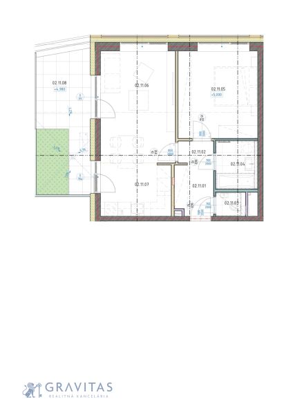 2-izbový byt s predzáhradkou, Brenner – Residence Ružinov. - Pôdorys 2-izbového bytu s tromi miestnosťami a malou terasou.