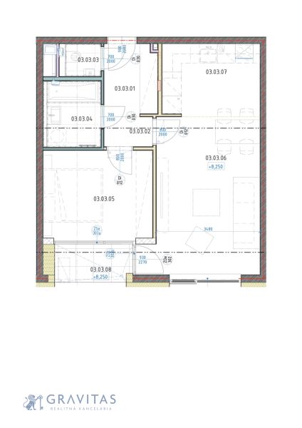 2-izbový byt s lodžiou Brenner – Residence, Ružinov - Pôdorys 2-izbového bytu s miestnosťami ako kúpeľňa, obývačka, spálňa a kuchyňa.