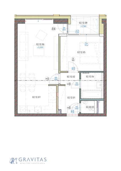 2-izbový byt s lodžiou BRENNER – Residence, Ružinov. - Pôdorys 2-izbového bytu s obývačkou, kuchyňou, kúpeľňou a spálňou, podlaha s dreveným dekorom.